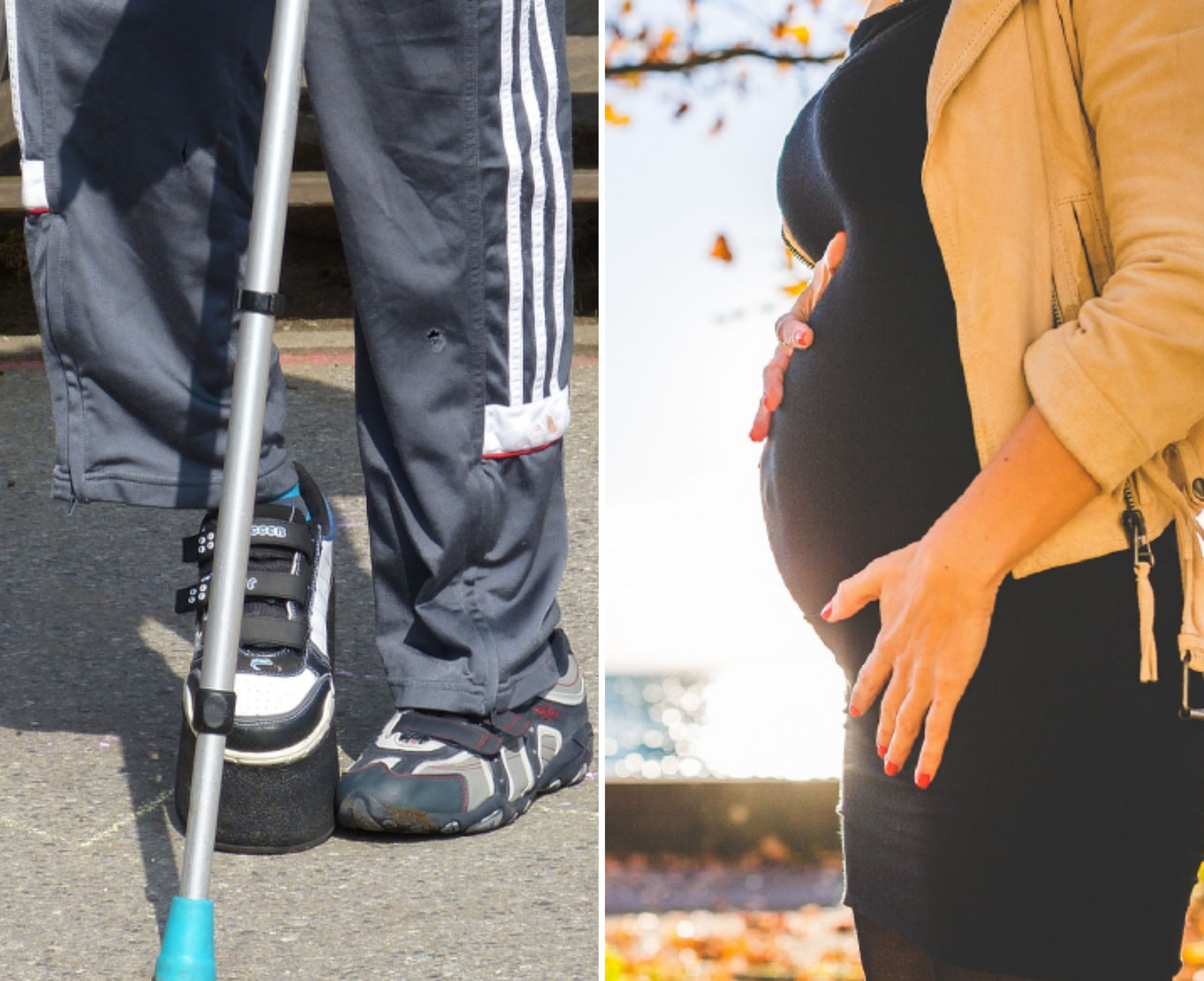 Fuß mit Krücken und Schwangere Frau